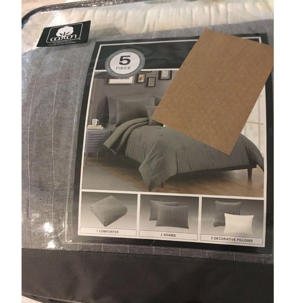 NEW 5pcQUEEN Flannel Strip Comforter Set - Picture 4 of 6